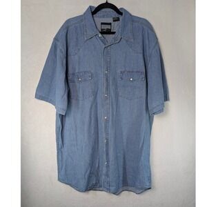 Sandy River Pearl Snap‎ Denim Shirt 2XLT Blue Western Short Sleeve Yoke Detail
